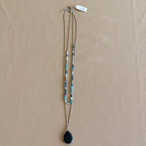 Loft Outlet Double Strand Layered Silver Tone Long Necklace Blue Drop Beads NWT